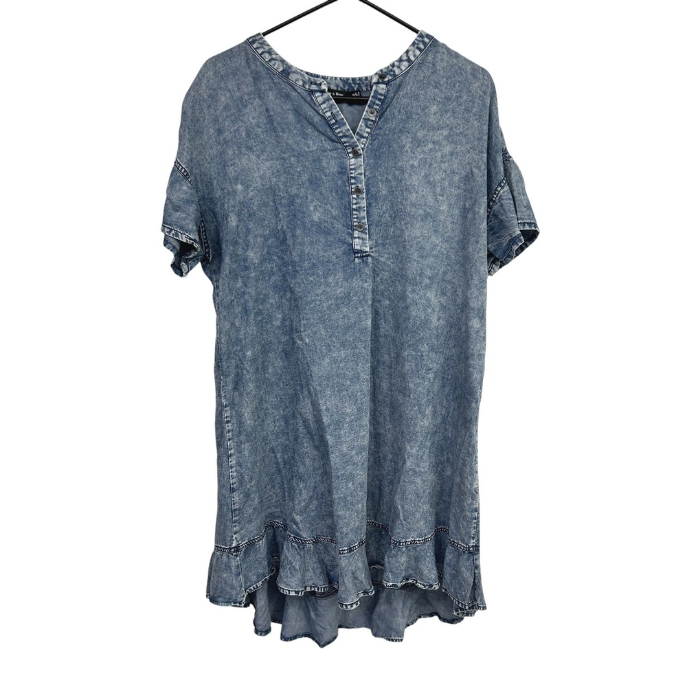 Tencel Acid Wash Tunic Dress M Blue Ruffle Hem Oversized Lagenlook Boho Earthy - Picture 1 of 11